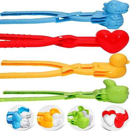 Holady 4PCS Large Size Snowball Maker Clip,Snowball Maker Tool with Handle for Snow Ball Fights, Snow Toys Kids Winter Outdoor Toys(Dinosaur, Love Heart, Duck, Thumb Shape)