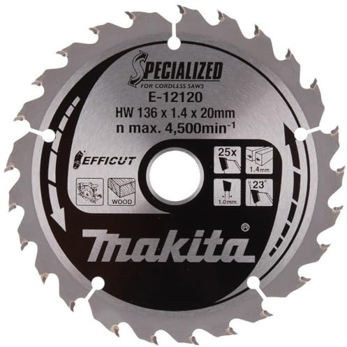Makita E-12120 EFFICUT Kreissägeblatt Ø 136 x 1,4 x 20 mm, 25 Zähne, 23° Zahnwinkel, für saubere und schnelle Schnitte in Holz, für Akku-Handkreissägen