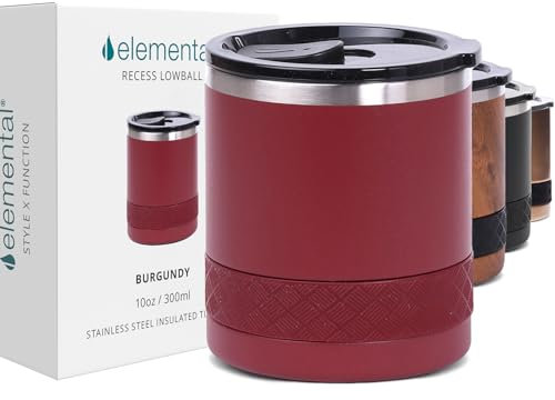 Elemental 284 ml Recess Rocks Tumbler, dreifach wandig, Lowball-Cocktail-Heiß- und Kalt-Reisebecher, wiederverwendbarer 18/8-Edelstahl – Burgunderrot