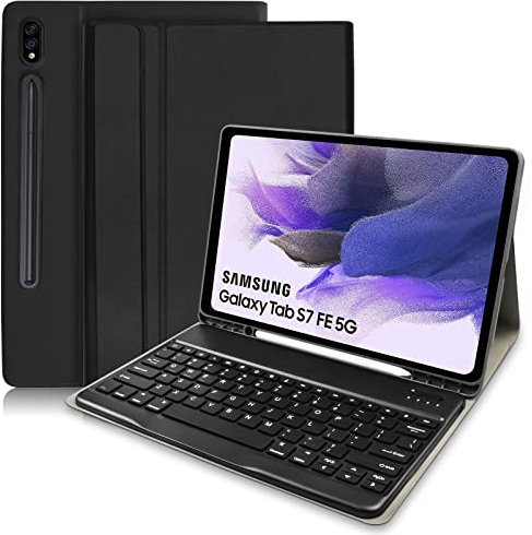 Funda para Samsung Galaxy Tab S7 FE con teclado, funda para teclado para Samsung Tab S7 FE 2021/S7+/S7 Plus 2020/S8 Plus (12.4 pulgadas) con soporte para S Pen, teclado inalámbrico desmontable