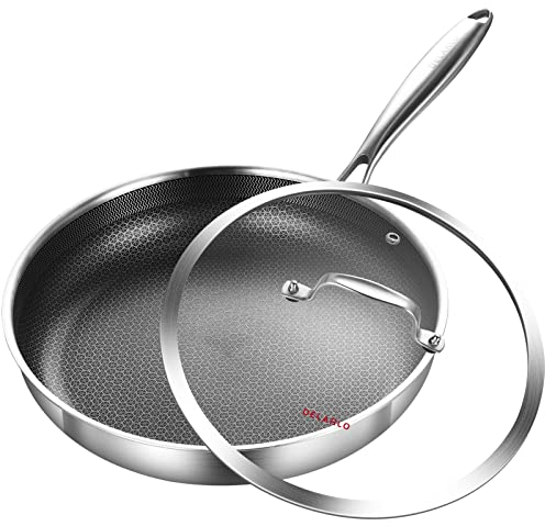 DELARLO 30.5cm Hybrid Tri-Ply Stainless Steel Non Stick Frying Pan with Lid, Suitable for Induction Oven, Suitable for All Hobs, Detachable Handle