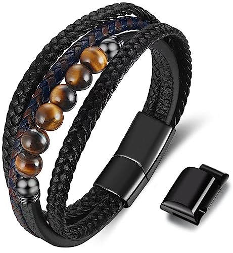 Gkmamrg Armband Herren Leder Geschenke für Männer - Lederarmband Naturstein Tigerauge Stein Perlenarmband Männer Armband