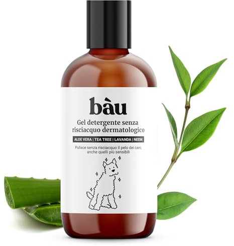 Bau Cosmesi Gel Detergente Senza Risciacquo, Shampoo Secco per Cani, Igienizzante e Idratante - Senza Parabeni e Siliconi, Naturale e Bio con Aloe Vera - Dermatologico, 250 ml