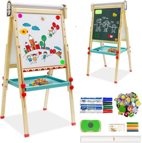 Caballete para Niños, Caballete de Arte de Madera con Altura Ajustable con Rollo de Papel, Bandeja de Almacenamiento y Otros Accesorios, Pizarra y Pizarra Independiente para Niños y Jóvenes