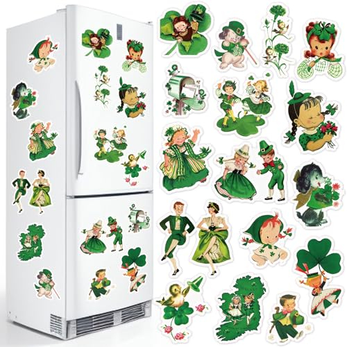 Whaline 16Pcs St. Patrick's Day Retro Vintage Refrigerator Magnets Green Shamrock Refrigerator Magnets Decorative Fridge Magnetic Stickers Decal for Home Kitchen Locker Car Garage Door