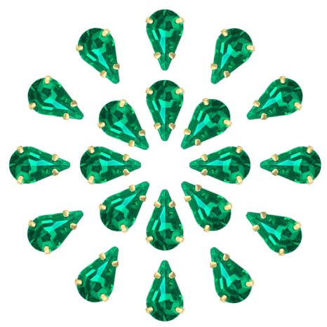 QUARKZMAN 20 Piezas de Pedrería de Gota de Lágrima para Coser - Cristales de Vidrio de Gota de Lágrima de 8x5mm con Trasera Plana en Engaste de Garra Dorada (Verde)