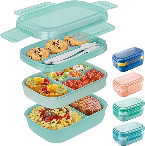 Txeouse Lunchbox Brotdose mit Fächern 1900ML Kinder/Erwachsene Bento Box 3 Schichten Reisen Brotzeitbox with Cutlery, Lunch Box for Work/Picnic (Grün)
