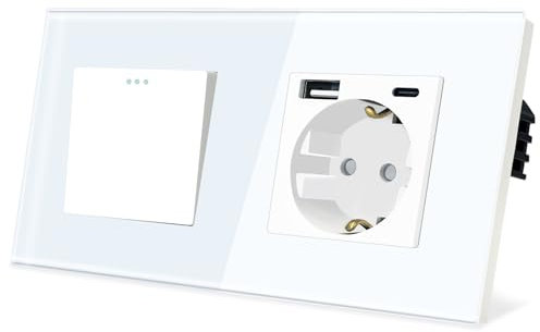 TAWOIA Lichtschalter mit Steckdose 1 Fach 1 Weg Glas Platte Unterputz Taste Schalter mit Schuko Steckdose mit(MAX.20W) USB and Type C Weiß 86 * 157mm Wechselschalter