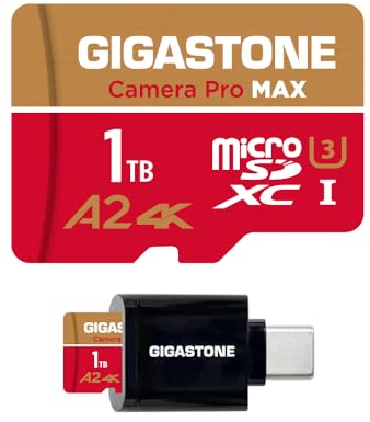 [Recuperación de Datos Gratuita de 5 años] Tarjeta Micro SD GIGASTONE de 1TB con Lector de Tarjetas USB 3.2 Tipo C, cámara 4K Pro MAX, Tarjeta de Memoria microSDXC A2 V30 para GoPro, Video 4K UHD,