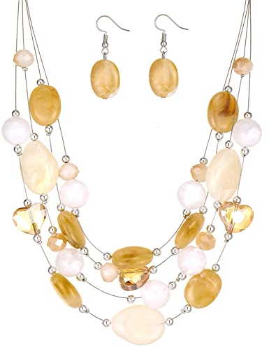 FULU AUTUMN Chunky Statement Kette Damen Mehrreihige Perlenkette und Ohrringe Modeschmuck Set für Frauen Mama Frau Oma Muttertags Geschenk(1-Camel white colorful)