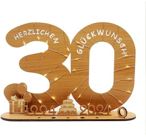Intckwan Geldgeschenke 30 Geburtstag, Zahlen 30 Holz-Schild Gästebuch mit LED Lichterkette und Kerzenhalter, für 30 Jahre Geburtstag Mann Frau, für 30 Jubiläum Tischdeko mit Jahreszahlen, 1994-2024