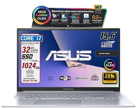 ASUS Notebok Vivobook OLED 15.6 pantone valitated, Intel I7 13620H, Ram 40Gb, SSD Pci Nvme 1Terabyte, Windows 11, wi-fi 6, webcam, Usb3.2, Hdmi, Bt5.3, Tastiera retroilluminata, Preconfigurato
