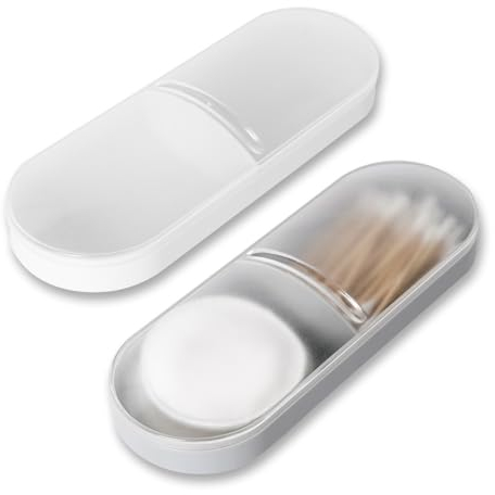 Adorila 2 Stück Reise-Wattestäbchen-Qtip-Halter, leichter Kunststoffbehälter, Spenderbox mit 2 Schlitzen, tragbare Wattestäbchen-Make-up-Pads-Aufbewahrungsbox mit Deckel (Weiß, Grau)