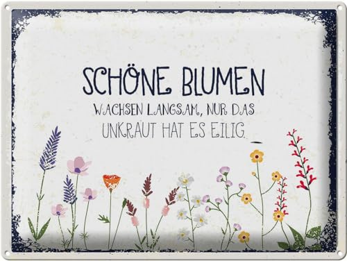 Blechschild 40 x 30 cm Schöne Blumen wachsen langsam, nur das Unkraut hat es eilig ! - DekoNo7
