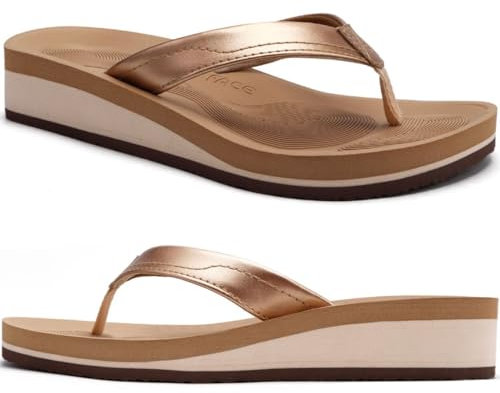 COFACE Flip Flops for Women With Comfortable Arch Support Ladies Fashion Platform Thong Sandals Soft Yoga Mat Sole For Beach/Indoor Outdoor, size 6 Khaki Gold