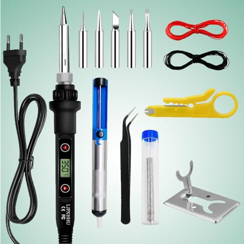 Kit De Soldador De Estaño,5pcs Puntas, Bomba Desoldadora, Soporte, Pinzas Antiestáticas, Alambre De Soldadura,80w Soldador Digital Temperatura Ajustable 180℃-500℃,Para El Uso Diversamente Reparado
