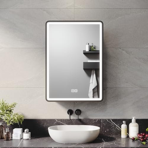 ELEGANT 500x700mm LED Bathroom Mirror Cabinet with Shaver Socket, Wall Mounted Bathroom Mirror Cabinet with Touch Button 3 Colour Light and Demister Stainless Steel Bathroom Mirror Cabinet Black