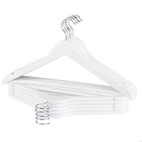 AKTIVE MAX Home Pack 10 Perchas de Madera, Color Blanco, Calidad A, 44,5x23 cm, Gancho Acero Giratorio 360º, Incorpora Muescas y Barra Inferior, para Pantalones, Trajes, Camisas, Chaquetas (16460)