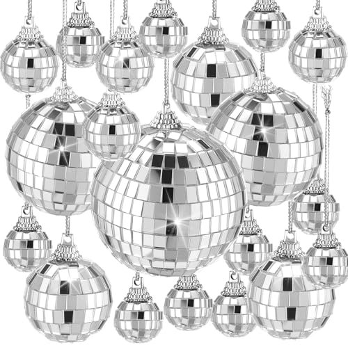 patinadrift 20 Stück Disco Spiegel Ball, Discokugel Deko Silber Hängekugel Spiegelkugel 5 Größen Spiegelkugel für Party, Karneval, Geburtstagsfeier, Dekoration Lichteffekt (8/6/4/3/2,3 cm)