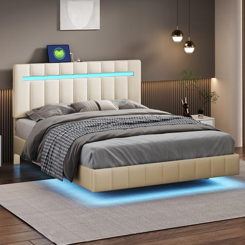 FEZTOY Polsterbett 140 x 200 cm, Bett Schwebebettrahmen mit LED-Leuchten und 2 USB Anschlüsse, Doppelbett, Gästebett in hautfreundlichem Leinen, Ohne Matratze,Beige