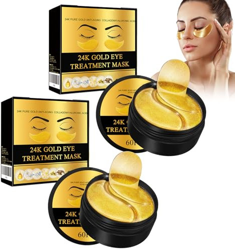 Tkekruh 60 Pairs of 24K Gold Eye Patches, 24 K Gold Gel Eye Pads Against Dark Circles, Anti-Ageing, Eye Care, Collagen Hydrogel Gel Eye Pads, Reduce Dark Circles, Eye Bags, Wrinkles