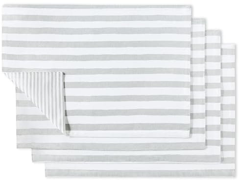 KATE SPADE NEW YORK Handbemalte Wende-Tischsets, 4er-Pack, 100 % Baumwolle mit Metallic-Druck, silberfarben/weiß, 33 x 48,3 cm