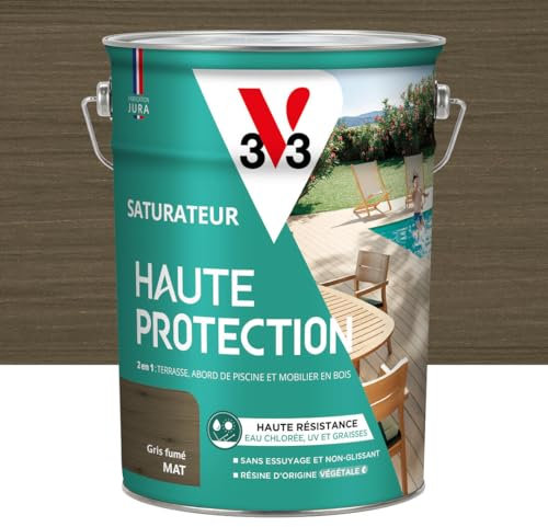 V33 Saturateur bois extérieur Gris fumé mat - Pour terrasses et mobilier de jardin - Haute résistance eau chlorée, UV et graisse - Sans essuyage et non glissant - Résine d'origine végétale - 5L