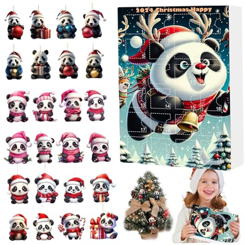 Calendrier de l'Avent de Noël 2024, 24 jours 2d Panda Counom à rebours de Noël, acrylic Hanging Kids Advent Calendar 2024 pour la décoration d'arbre de Noël (A)