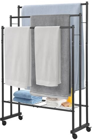 fusehome Tall Freestanding Towel Racks,3-Tier Metal Blanket Ladder Holder with Storage Shelf for Bathroom, Standing Pool Towel Drying Rack with Wheels for Outdoor,Laundry Room, Living Room, Black