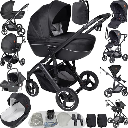 Reenborn Kinderwagen 4 in 1, Buggy mit Zwei Umkehrbaren Schiebemodi, Kinderwagen mit Rahmen Aluminiumlegierung, Kombikinderwagen 4 in 1 Komplettset mit Ein-Klick-Faltdesign (H2 Black)