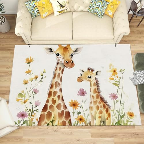 NAWVNMI Waschbarer Teppich Krabbelmatte Babyzimmer Kinder rutschfest Flauschig Teppich Teppich Kinderzimmer Junge Mädchen Kinderteppich, Giraffe - Giraffe-Mutter-Baby, 80 x 150 cm