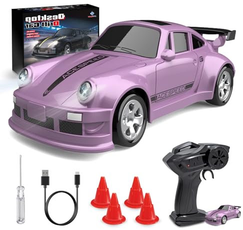 BuzzoXerex RC Drift Car, 1:64 Mini Drift Auto Ferngesteuert, 4WD Tabletop Drift RC Car, Ferngesteuertes Auto mit LED-Leuchten, 2.4Ghz Fernbedienung, 15km/h, Spielzeugauto für Kinder ab 6 Jahren (Rosa)