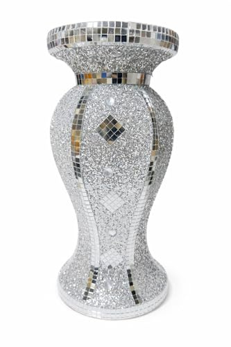 Crushed Diamond Silver Sparkle Flower Vase 30cm – Handmade Bling Mosaic Mirrored Ornament Rhinestone Crystal Pot Glitter Home Decor for Living Room, Dining, Bedroom, Gift Display