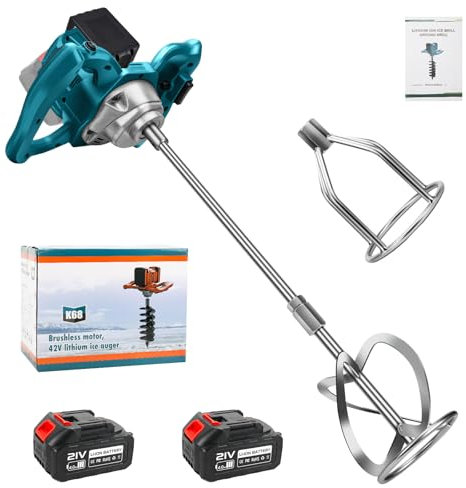 Cordless Mixer for Paint and Concrete with 2 x 1500mAh Batteries, Brushless Electric Paddle Mixer with 6 Speed and 2 Mixing Paddle, for Mixing Fodder Mortar Paint Glue Putty