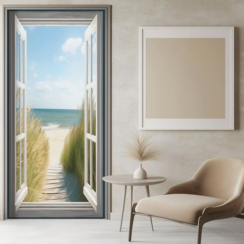 3D Türaufkleber Landschaft Fenster Meer 86x200 cm Hellblau Türtapete Selbstklebend Türposter Türfolie, Türsticker PVC Wasserfest Wandbild Wandaufkleber für Kinder bad büro