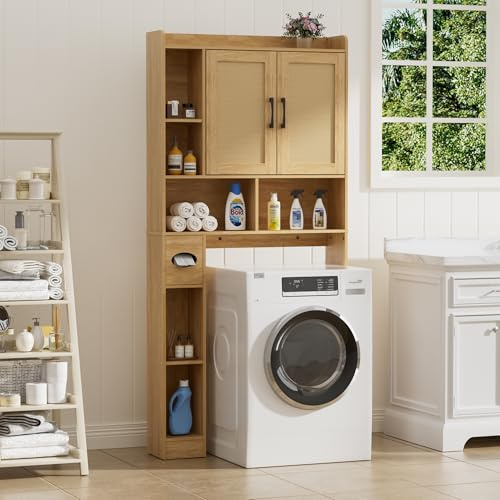BonVache Waschmaschinenschrank mit 2 Türen, Verstellbare Ablagen, Waschmaschinenregal mit Seitenfach für Papierhandtuch und 6 offene Fächer, für Badezimmer, Toilette und Waschküche, Hell Eiche