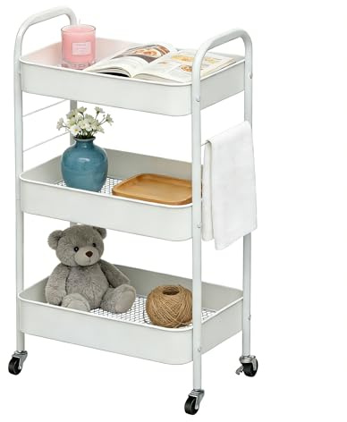 ZOESTORAGE 3 Tier Trolley Cart,Metal Storage Trolley on Wheels for Kitchen,Laundry,Bedroom and Storage Cart for Book,Veg,Snack,White