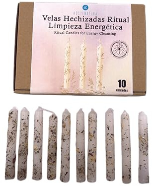 HOSTENATURA | Kit de Velas de Limpieza Energética | 10 Velas Blancas con Hierbas Naturales | Velas Esotéricas Artesanales para Purificación, Protección y Renovación del Hogar