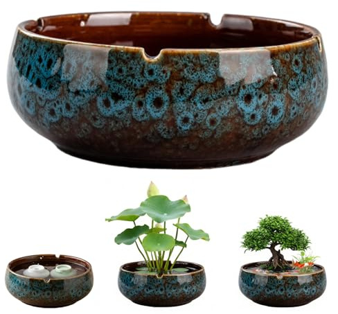 SMELEYOU Decorative Bowl Ceramic Planter Lotus Bowl for Succulents and Small Plants Water Plant Pot with Non Slip Base Indoor Outdoor Blue