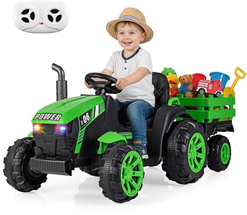 COSTWAY Elektro Traktor mit Anhänger, 24V Aufsitztraktor elektrisch inkl. Fernbedienung, Kindertraktor mit Musik, USB, Sanft-Start & LED-Scheinwerfern, Elektrotraktor für Kinder ab 3 Jahren