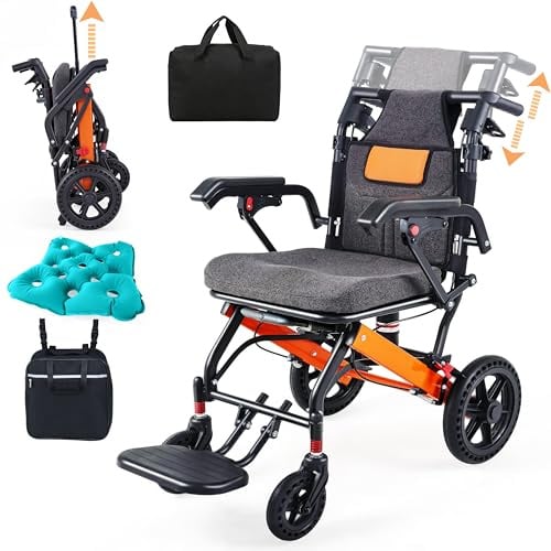 WEYRAL 2026 - Fauteuil roulant pliable et léger - Dossier réglable - Pneus tout-terrain en nid d'abeille de 28 cm - Avec manche télescopique - Sac de voyage - Sac à dos - Coussins d'assise gonflables