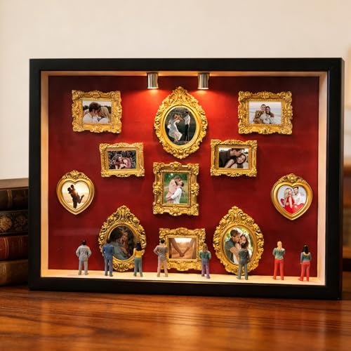 Fancysky DIY Mini Museum Silhouette Box mit LED, Micro Museumsrahmen Set mit 11 Mini Bilderrahmen Vintage & Miniatur Menschen Figuren, Geschenk für Valentinstag, Hochzeit & Jahrestag