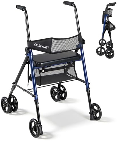 COSTWAY Rollator Faltbar und Leicht mit Sitz, Gehhilfe mit Tasche & Rückenlehne aus Netz, 8-fach höhenverstellbar, bis 136 kg, 2 in 1 Rollstuhl & Reiserollator, Gehwagen Outdoor für Senioren