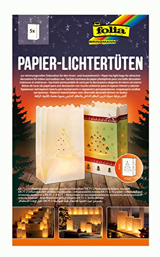 folia 11906 - Lichtertüten aus schwer entflammbarem Papier, Weihnachtsbaum, 5 Stück, ca. 19 x 11,5 x 7 cm, stimmungsvolle Tischdekoration im Advent und zu Weihnachten