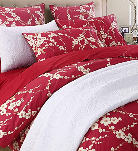 Brandream Bettwäsche-Set mit Kirschblütenmuster, Chinoiserie, Fadenzahl 800, ägyptisches Baumwollsatin, Queensize-Größe, 3-teilig