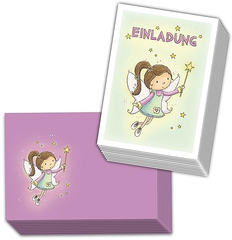emufarm 10 EINLADUNGEN für Mädchen zum Kindergeburtstag FEE inklusive 10 passenden lila Umschlägen/Einladung Fee
