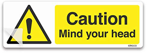 stika.co Pack of 2 Caution Mind Your Head Signs - Laminated Self-Adhesive Vinyl Hazard Stickers, 200 x 60mm - BS EN ISO 7010 Compliant Heavy-Duty Safety Signage
