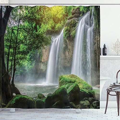 ABAKUHAUS Grün Duschvorhang, Wasserfall Natur Exotic, Stoffliches Gewebe Badezimmerdekorationsset mit Haken, 175 x 220 cm, Weiß Grün