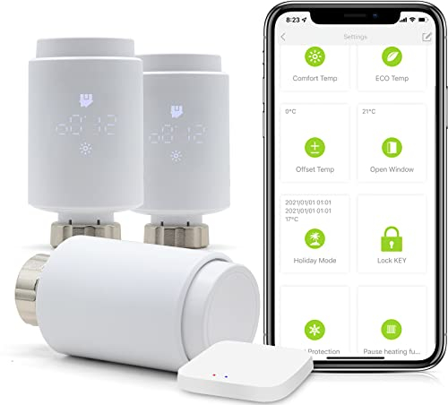 BSEED Smart Home Confezione da 3 termostati Wifi Touch con Zigbee Hub ECO per risparmiare sui costi di riscaldamento, valvola Alexa Google Home Tuya, display LED compatibile senza batterie