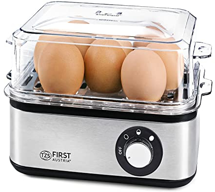 TZS First Austria Eierkocher 8 Eier - 4 Einstellungen inkl. Dampfgarfunktion - Automatische Abschaltung mit Signalton - Trockenkochschutz - Messbecher & Pochierschale - Kompakt & Leicht